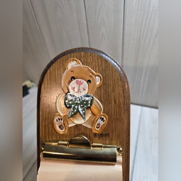 Vtg 80s Wood Bear Hanging Grocery List Pad Holder Hand Painted Memo Message Pad - Picture 3 of 8